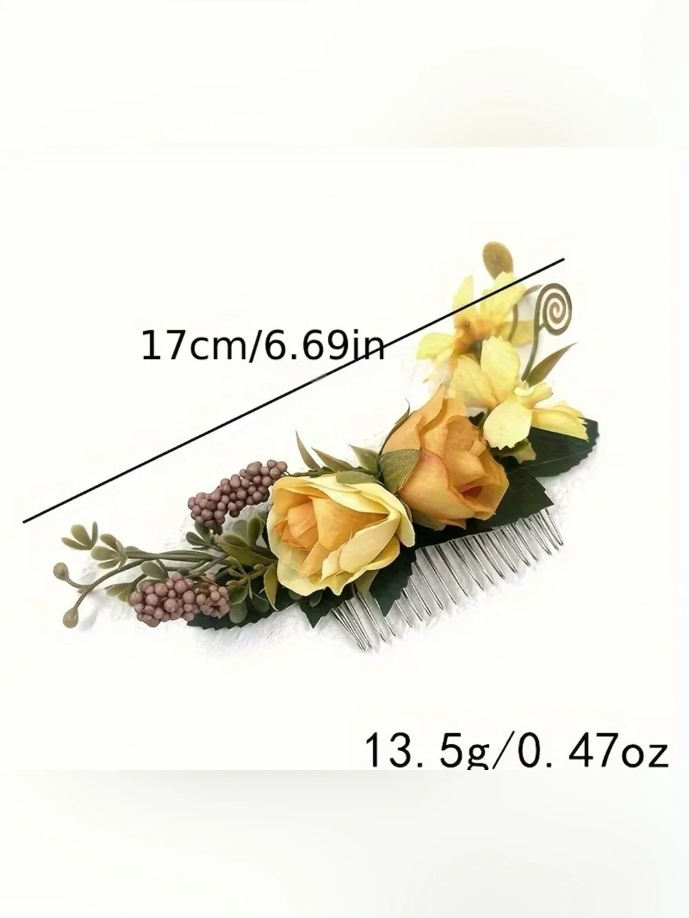 Cream Floral Hair Comb with Green Leaves